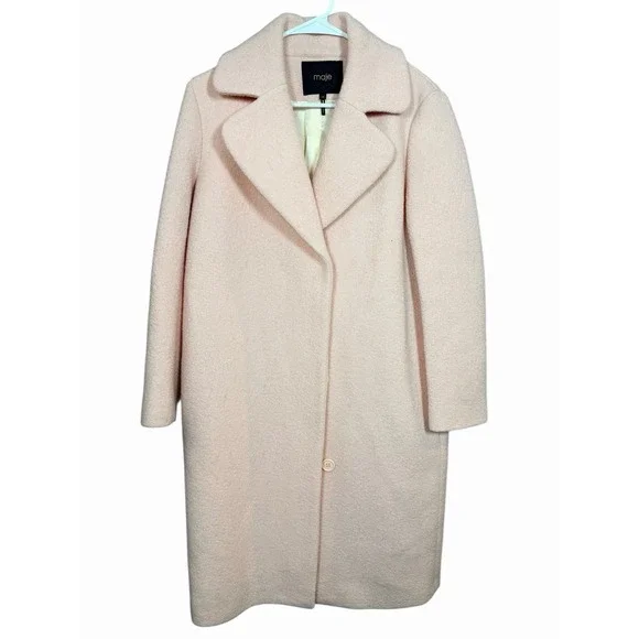 Maje Paris 36/4 Pink Wool Coat Boucle Long Jacket Minimalist Soft Blush Lined - Picture 3 of 16